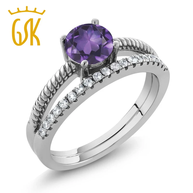 GemStoneKing 0.89 Кт Круглый Природных Фиолетовый Аметист Февраля Камень Кольцо