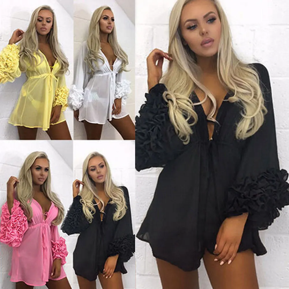 Boho Женская летняя накидка для пляжа, рубашки с оборками, свободные рукава, глубокий v-образный вырез, топы, блузка, модные однотонные женские купальники, топы