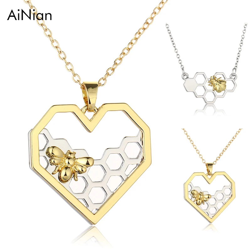 AiNian Новое Женское Ожерелье Сердце Золото/Серебро Цвет соты кулон с животным