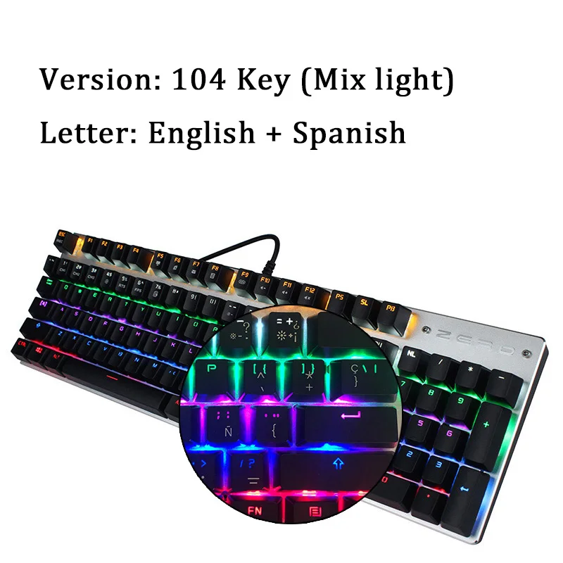 Black Spanish 104Key Metoo edition игровая механическая клавиатура с 87/104 клавишами, с защитой от привидения, Светящийся синий переключатель, с подсветкой, Проводная клавиатура, Арабский/Русский - Цвет: Black Spanish 104Key