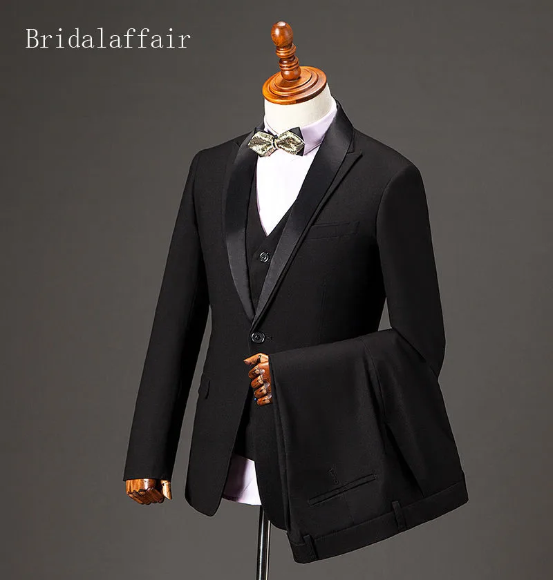 Bridalaffair последние Slim Fit Мужские костюмы Свадебный костюм жениха комплект из 3 предметов(пиджак+ жилет+ брюки) классический формальный роскошный черный мужской смокинг