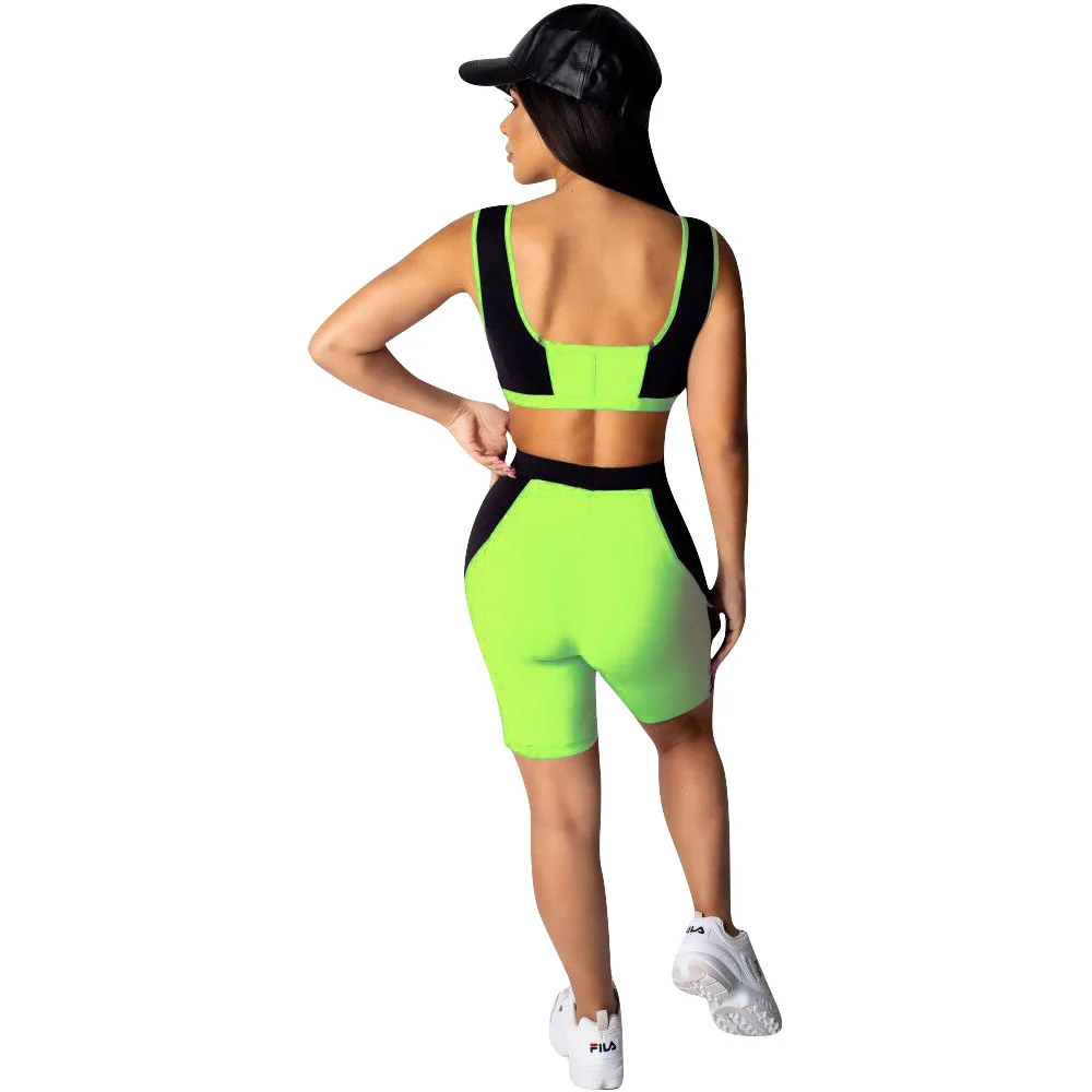 Adogirl women patchwork two pieces sets fluorescent bra tops hot pants casual skinny crop running suits summer |