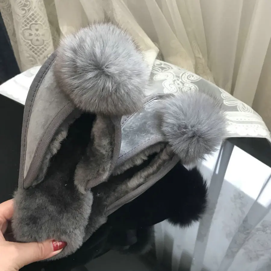 Г., шлёпанцы из овчины с помпонами из лисьего меха натуральная шерсть теплые шлёпанцы женская домашняя обувь на плоской подошве