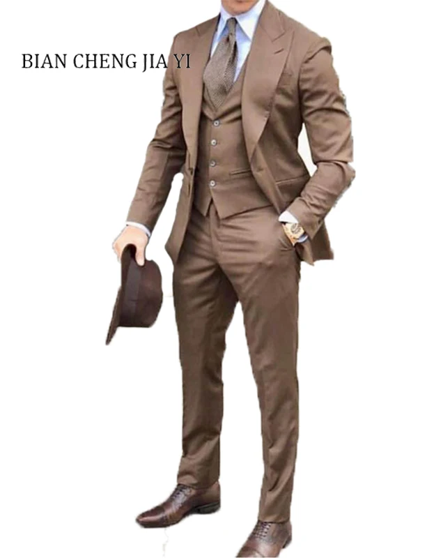 Мужской костюм цвета хаки с отворотом приталенный пиджак + брюки жилет 3 предмета