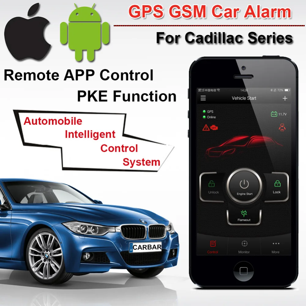 Автомобильная сигнализация с PKE для Cadillac Android GPS GSM кнопка остановки бесключевая