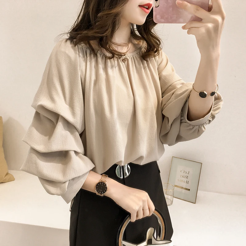 

Summer new Korean version of the word collar off the shoulder loose layer chiffon shirt elegant long-sleeved shirt shirt