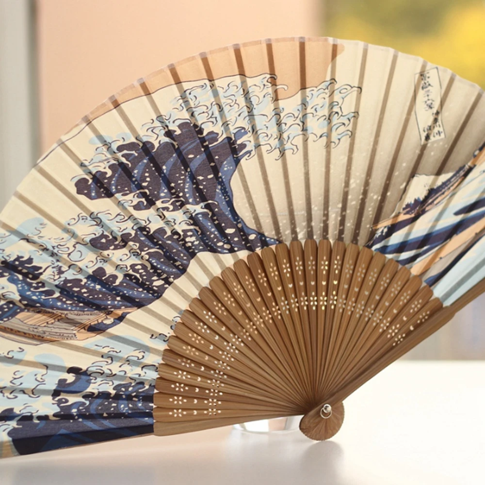 Ручной вентилятор Fuji Kanagawa Waves из натурального шелка японский складной веер