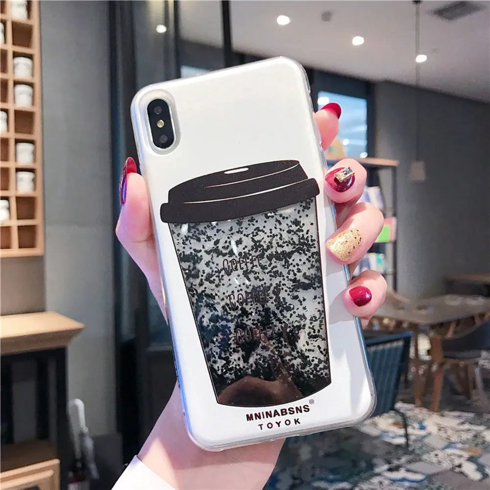 KISSCASE Cute Coffee Cup Dynamic Liquid Quicksand Case for iPhone XS MAX XR X 10 8 7 6 6S Plus Soft Silicone Cover |