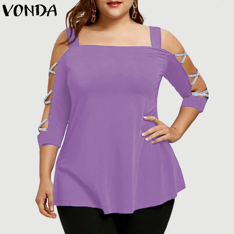 VONDA, женские блузки,, летние, для беременных, сексуальные, с открытыми плечами, рубашки, повседневные, свободные, тройники, топы, 3/4 рукав, для беременных, блузки размера плюс - Цвет: Purple