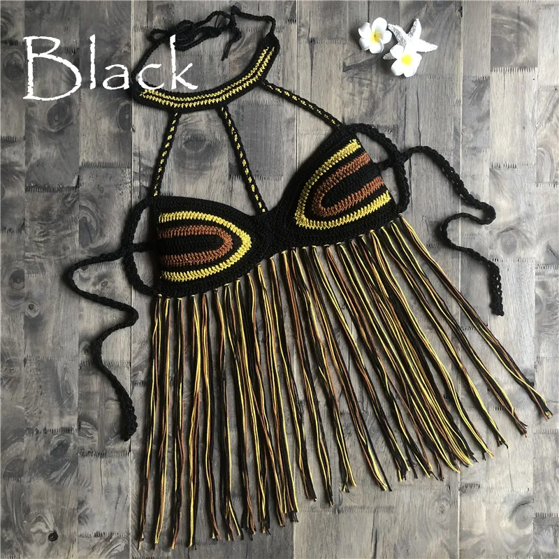 black Бикини Крючком черный сексуальный женский топ с кисточками Boho пляжный купальник бахрома вязаная крючком бикини бюстгальтер с бретельками - Цвет: black