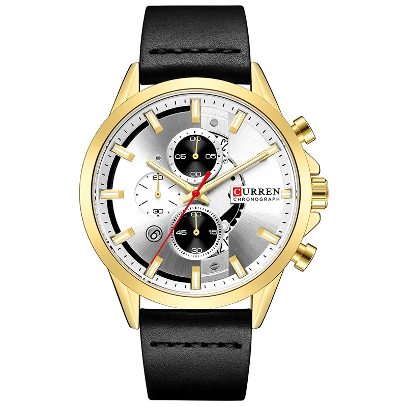 Gold White CURREN Роскошные Брендовые мужские кварцевые часы с хронографом Мужские Модные Военные Спортивные наручные часы кожаные водонепроницаемые аналоговые Мужские часы - Цвет: Gold White