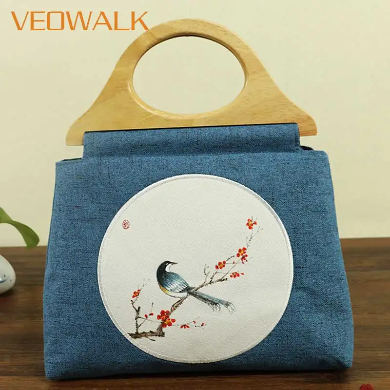 Veowalk Original Design Crane Hand Painting Women Canvas Tote Handbag Ladies Linen Cotton Shopping Bags with Belt Wooden Handle | Багаж и