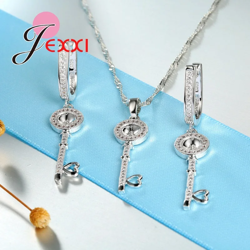 Серебряные серьги и ожерелье в виде ключа любви|jewelry sets|fine jewelryset for women |