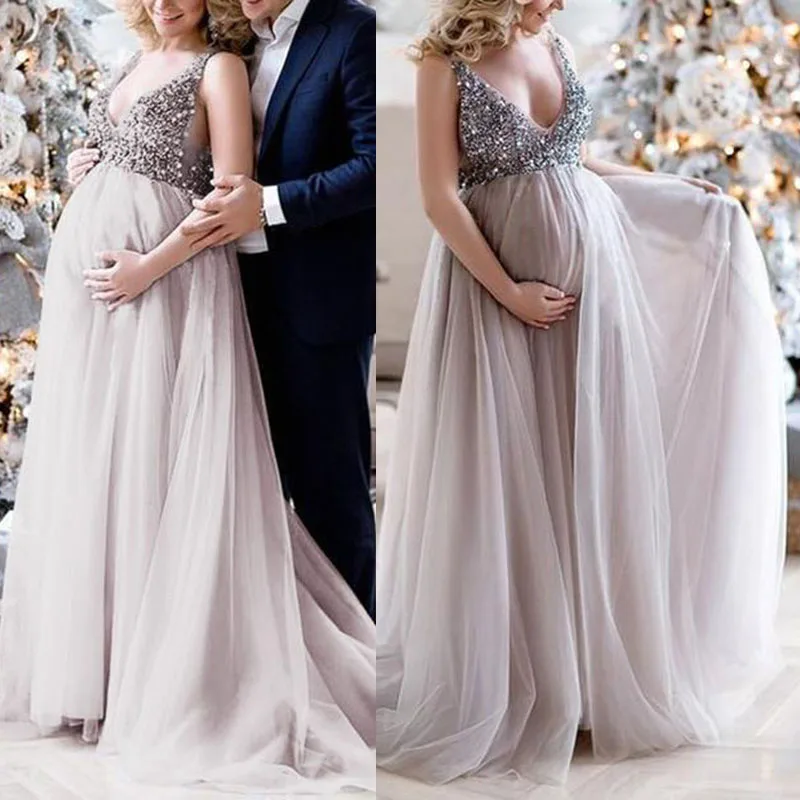 Women's Pregnant Maternity Long Maxi Dress Chiffon Sleeveless Glitters Evening | Женская одежда