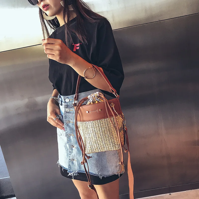 Trendy Straw Bucket Bag Drawstring Wide Shoulder Strap Handbag for Women | Багаж и сумки
