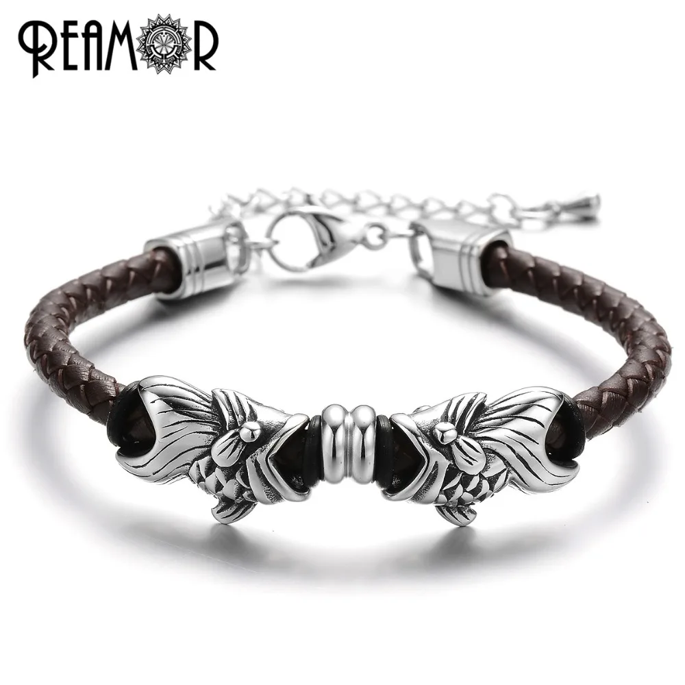 Мужской кожаный плетеный браслет REAMOR с золотистой рыбкой из нержавеющей стали 316l