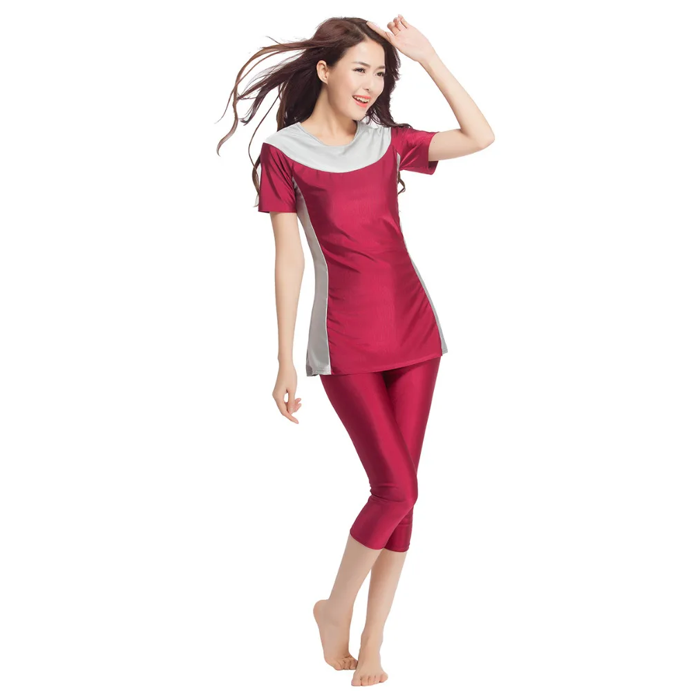 

Solid color splice swimsuit Sexy slim conservative Muslim swimsuit 2019 new beach suit women 2 piece swimming suits