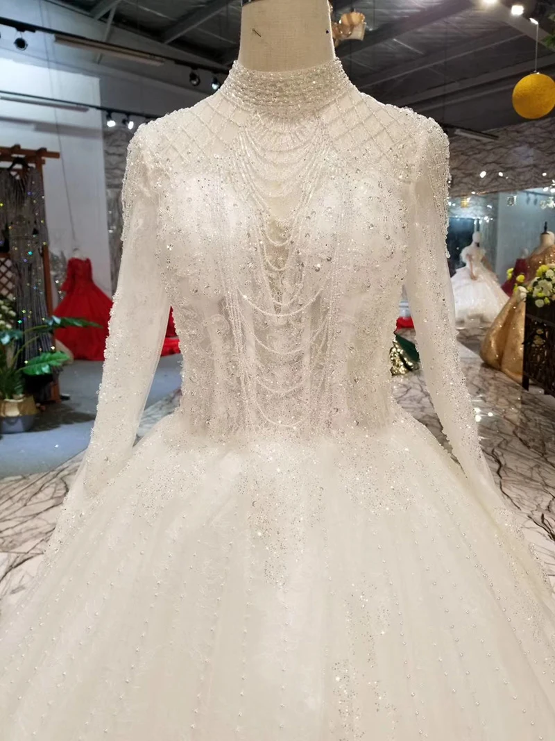 LSS289 like white wedding dress boho long sleeve open back high neck cheap gown with train illusion robe blanche | Свадьбы и