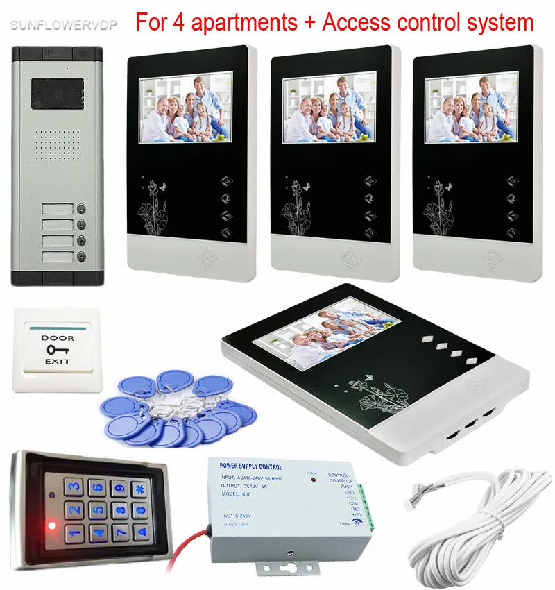 

Видеодомофон для 4 квартир, видеодомофон с цветными экранами 4,3 дюйма, система видеонаблюдения с Rfid клавиатурой, комплект системы контроля д...