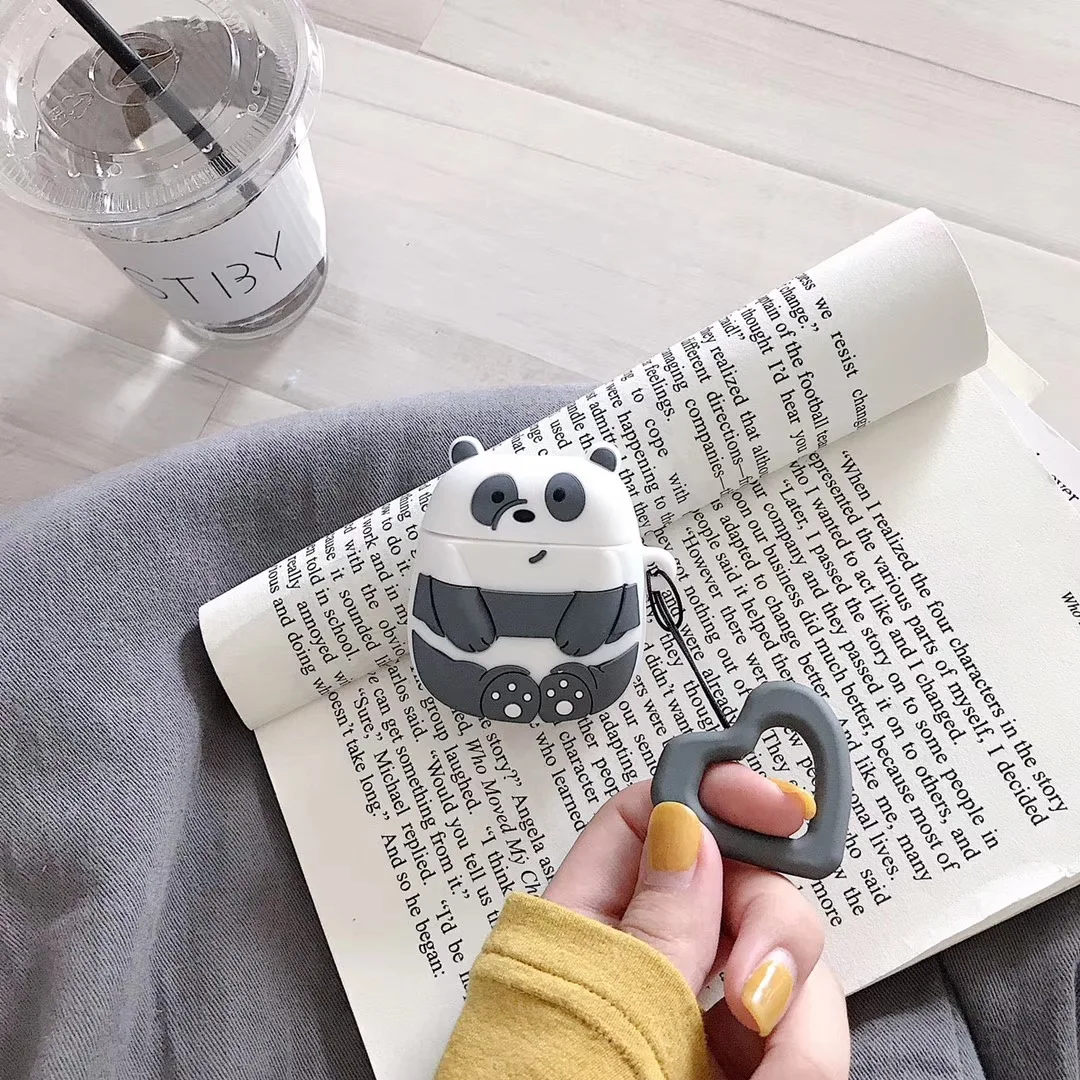 Чехол для наушников с Bluetooth для AirPods 2, милый силиконовый чехол, чехол, аксессуары для AirPods, мультяшная 3D панда, дизайн с кольцевым ремешком