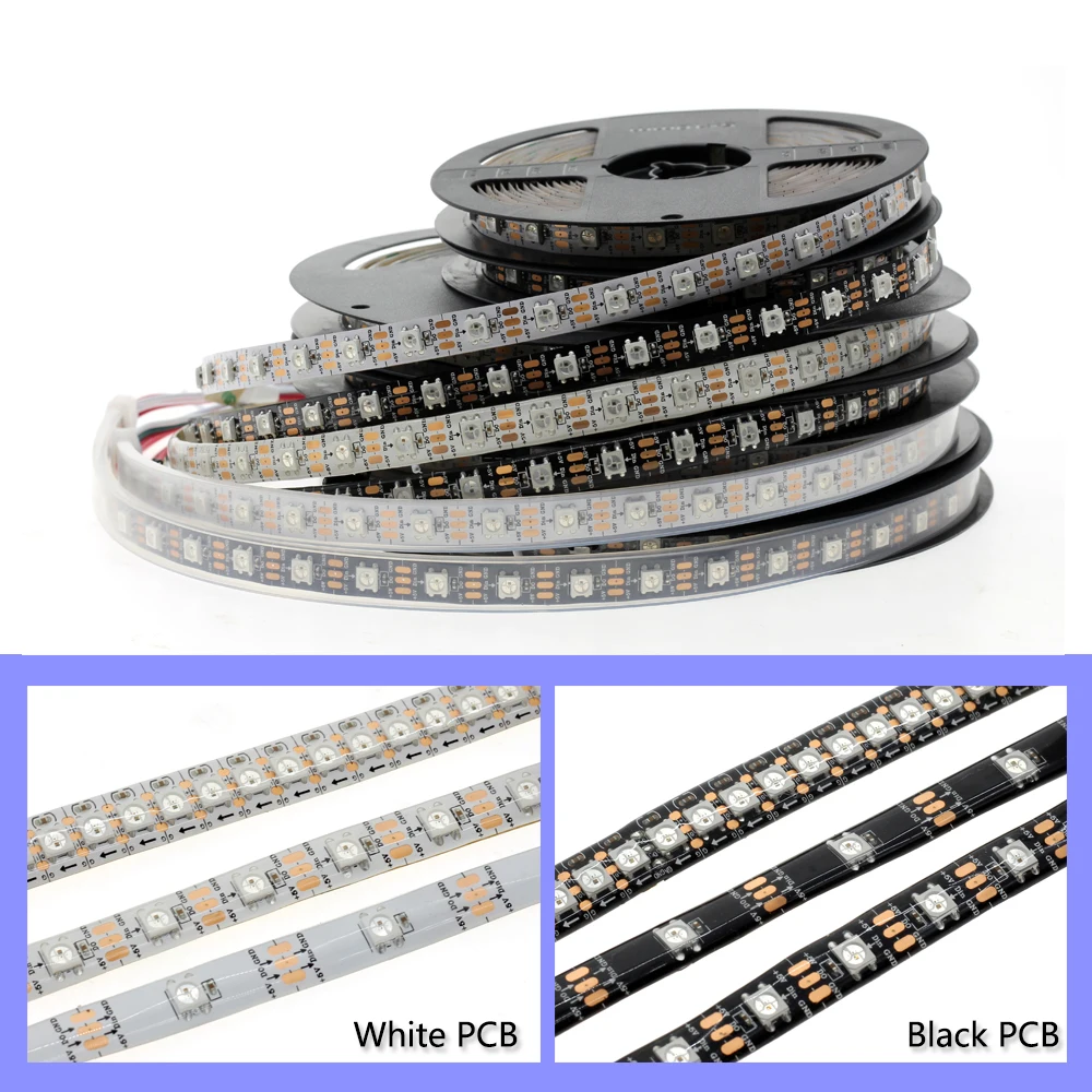 DC 5V WS2812B полный Цвет RGB Светодиодные ленты 30/60/144 светодиодный s/m пикселей Светодиодные ленты света черный/белый печатных плат для передачи данных 1 M/2 M/3m/5 M