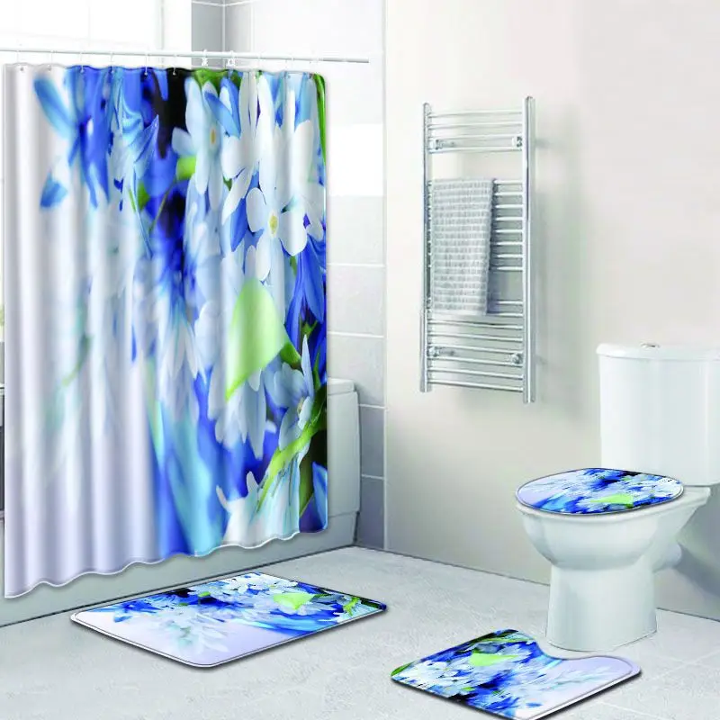 

Modern style 3D Bathroom Flower Waterproof Fabric Bathroom Shower Curtain Anti-slip Toilet Carpet Flannel Bath Mat home decor