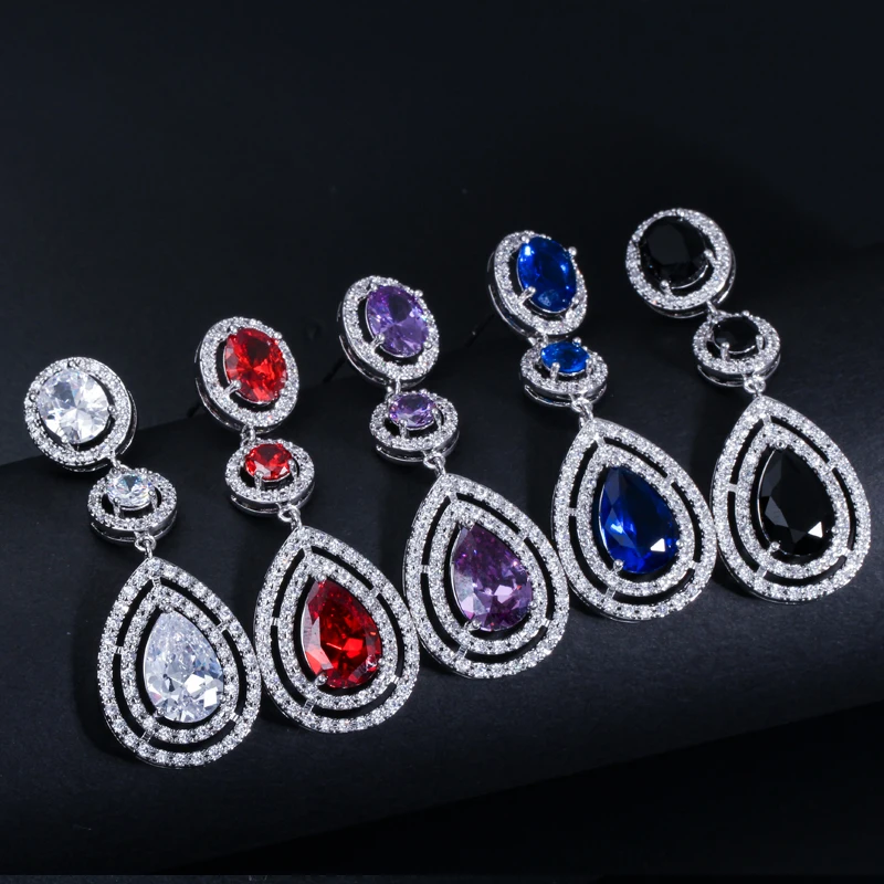 Женские серьги капельки из фианита темно синие длинные E127|earrings wedding|drop earings