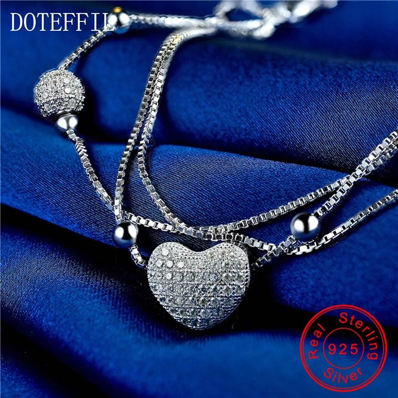 DOTEFFIL 925 Стерлинговое серебро три коробки цепи сердце бусины шар браслеты для