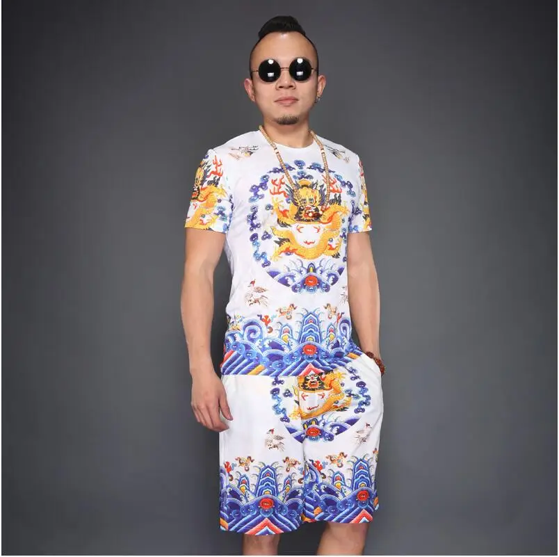 

Large Size Qing Dynasty Royal Dragon Manchu Clothings Suits Men Summer Short Sleeve T-shirt + Pants white Red Short Tang suits