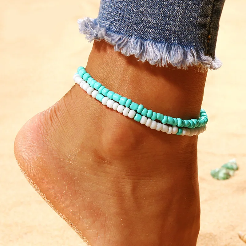 

Bohemian Blue and White Double Ankle Chains Foot Jewelry Anklets for Women Bracelet on The Leg Summer Feet Chain 2019 New Hot