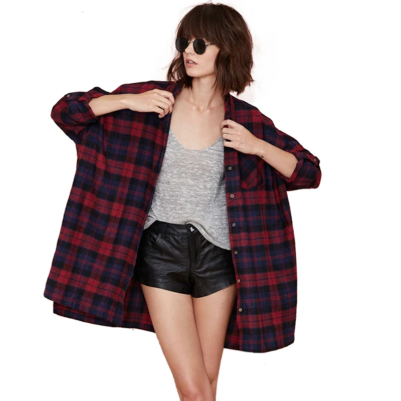 2017 Женщины Моды Плед Блузка Женский Повседневный Отложным Воротником Рубашки