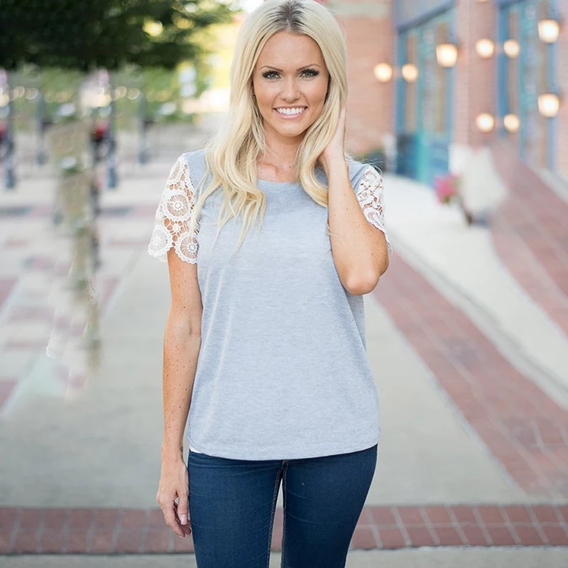 Женская футболка с коротким рукавом и кружевом белая/Розовая/синяя Повседневная