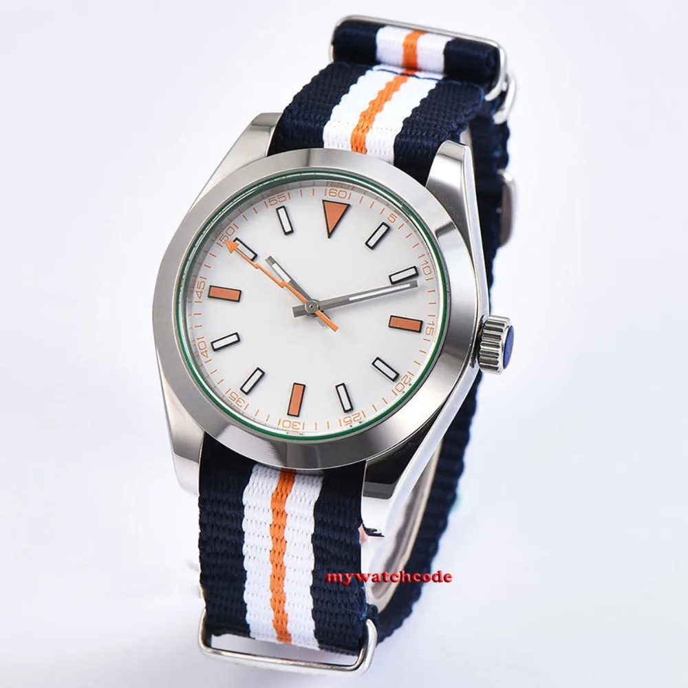 Мужские часы с белым циферблатом полированным 40 мм сапфировым стеклом из стали