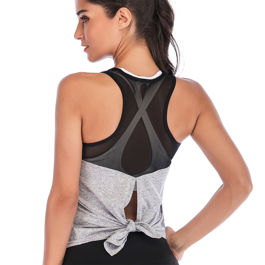 

Women Split Open Hem Back Mesh Patchwork Breathable Running Vests Anti Sweat Quick Dry Dance Yoga Fitness Gym Sleeveless Vest