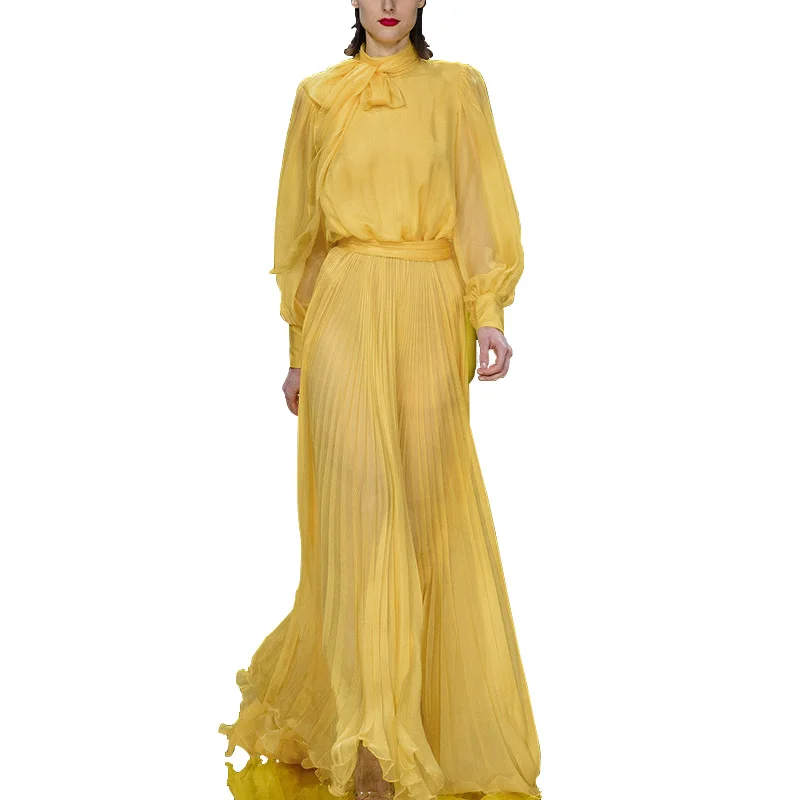 Женский офисный комплект из 2 предметов желтая шифоновая рубашка с длинным