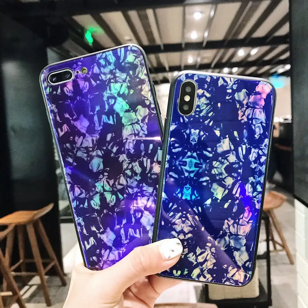 Luxury laser Tempered Glass aurora Colorful TPU case for iphone 7 plus 8 6/6s Scratchproof X cover |