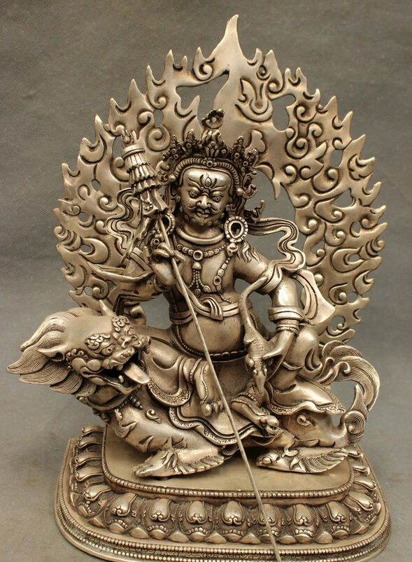 

song voge gem S2522 12" Tibet Buddhism Silver King of Wealth Jambhala Buddha Statue Ride Dragon Lion