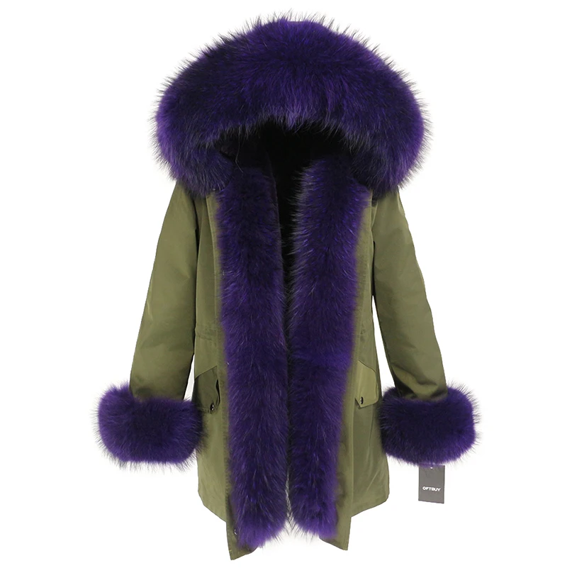 green purple OFTBUY, пальто с натуральным мехом, зимняя куртка для женщин, натуральный мех енота, капюшон, водонепроницаемая, длинная парка, съемная, уличная одежда, роскошные парки, теплые - Цвет: green purple