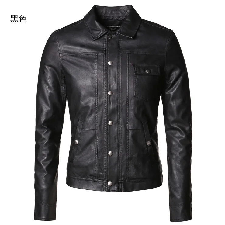 Мужская короткая приталенная куртка из ПУ кожи однотонная Повседневная