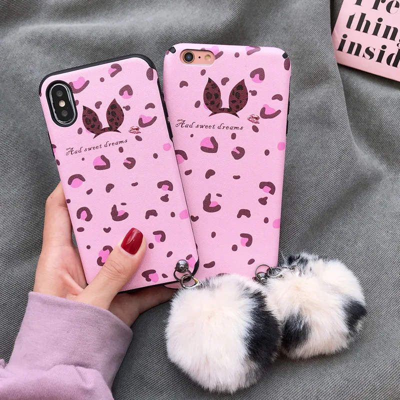 Для IphoneXS MAX/XR Стильный Шелковый узор кроличьи уши розовый леопард волосы мяч
