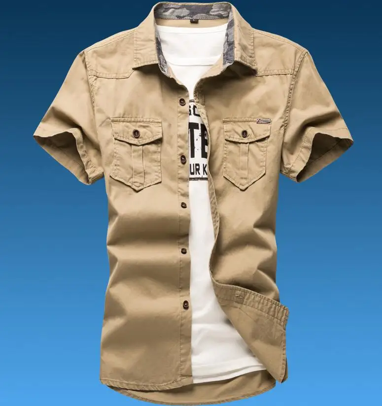 Men Military Shirt Men's Cargo Tactical Shirts 100% Cotton Short Sleeve Work Safari Style Shirt Chemise Size 5XL