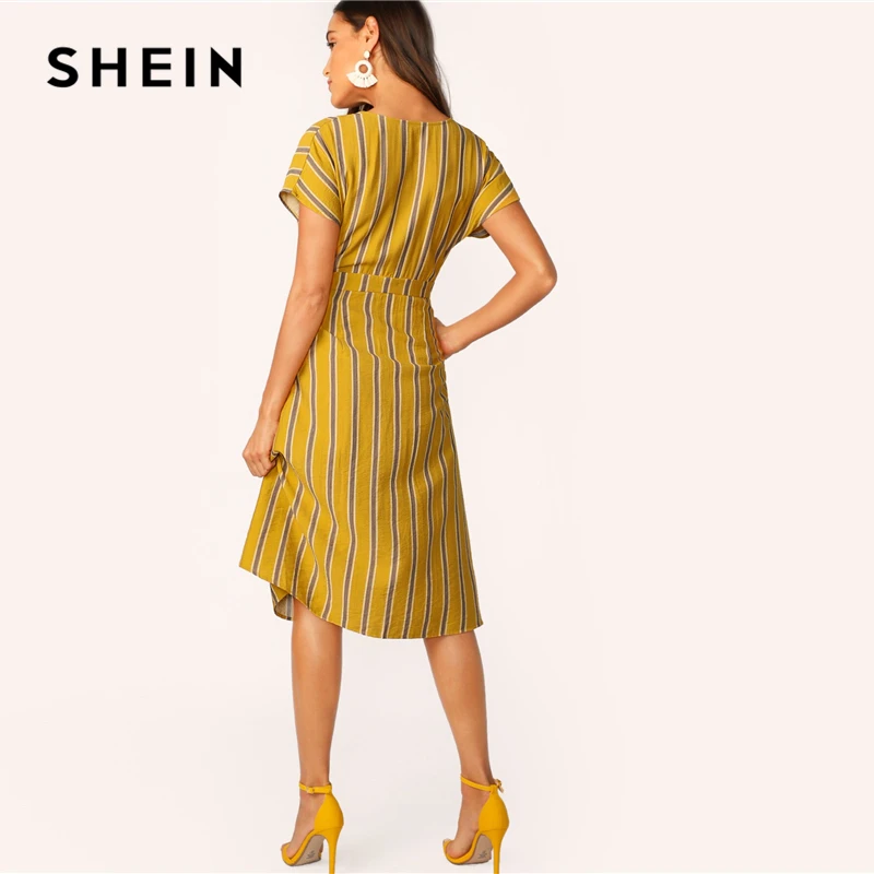 SHEIN модное платье-рубашка в полоску с рукавом летучая мышь и карманами сбоку, платье с высокой талией в стиле бохо, имбирное летнее платье с v-образным вырезом и коротким рукавом