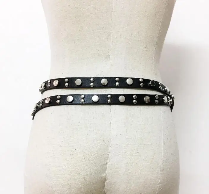 

Fashion Carved Strap Fine double lap belt For Women's Thin Cowhide Belt Girl's Casual Jeans Cowskin rivet decoration Belts