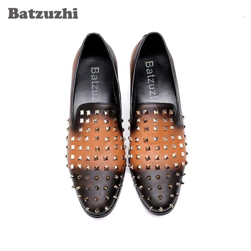 Batzuzhi Handmade Men Leather Shoes Casual Round Toe Rivets Loafers Flats Party Big Sizes US6-12 EU38-46 | Обувь