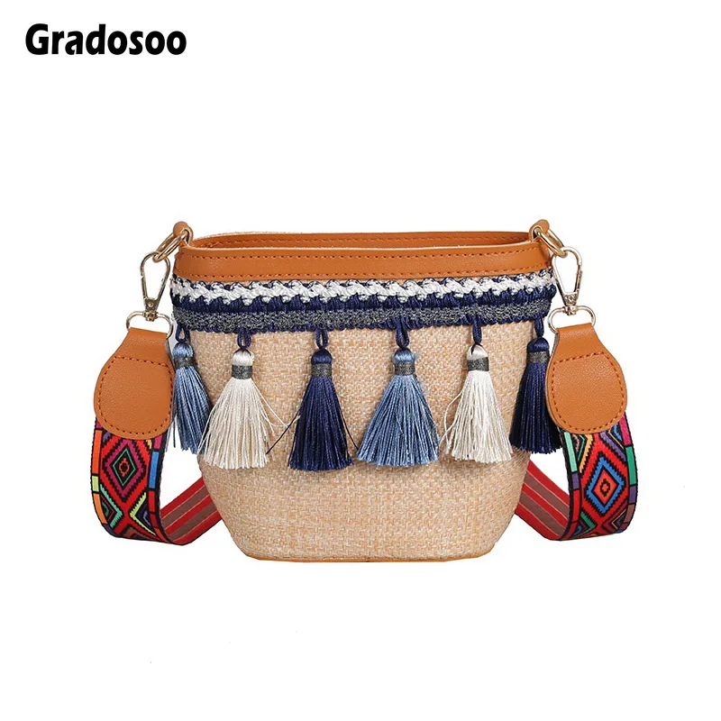 Gradosoo/соломенная сумка-ведро с кисточками женская летняя маленькая сумка в