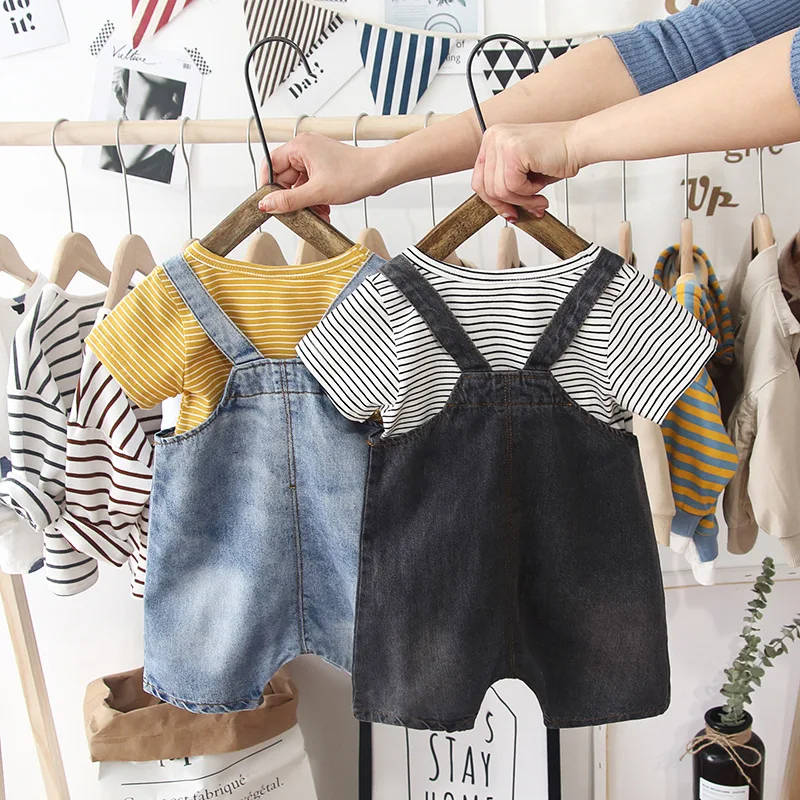 Jeans overalls stripe shirt boy summer clothing set new fashion baby outfits | Детская одежда и обувь