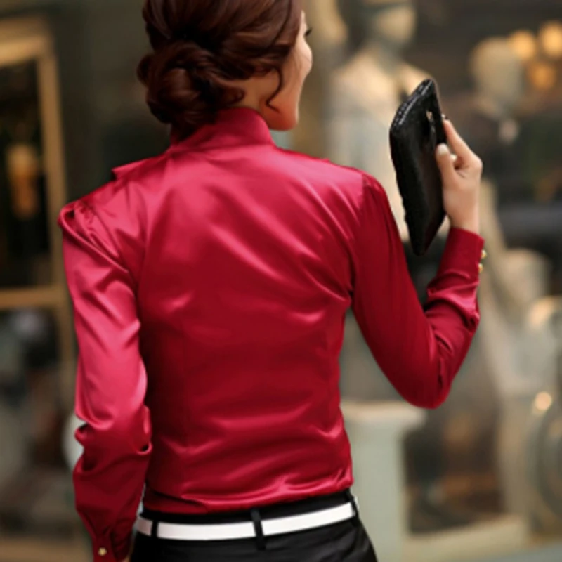 

2018 Autumn Women Fashion Ruffle Blouses High Collar Long Sleeve Simulation Silk Blouse Solid Female Shirt OL Blusinhas Camisas