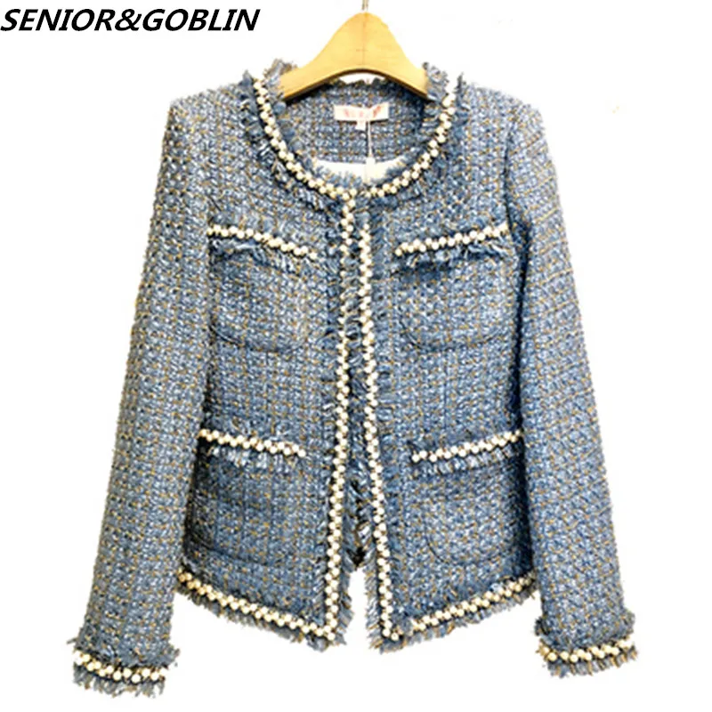 

2023 Autumn Winter Tweed Jacket Coat Women Beading Long Sleeve Woolen Elegant Fringed Trim Pearl Pocket Runway Overcoat Jackets