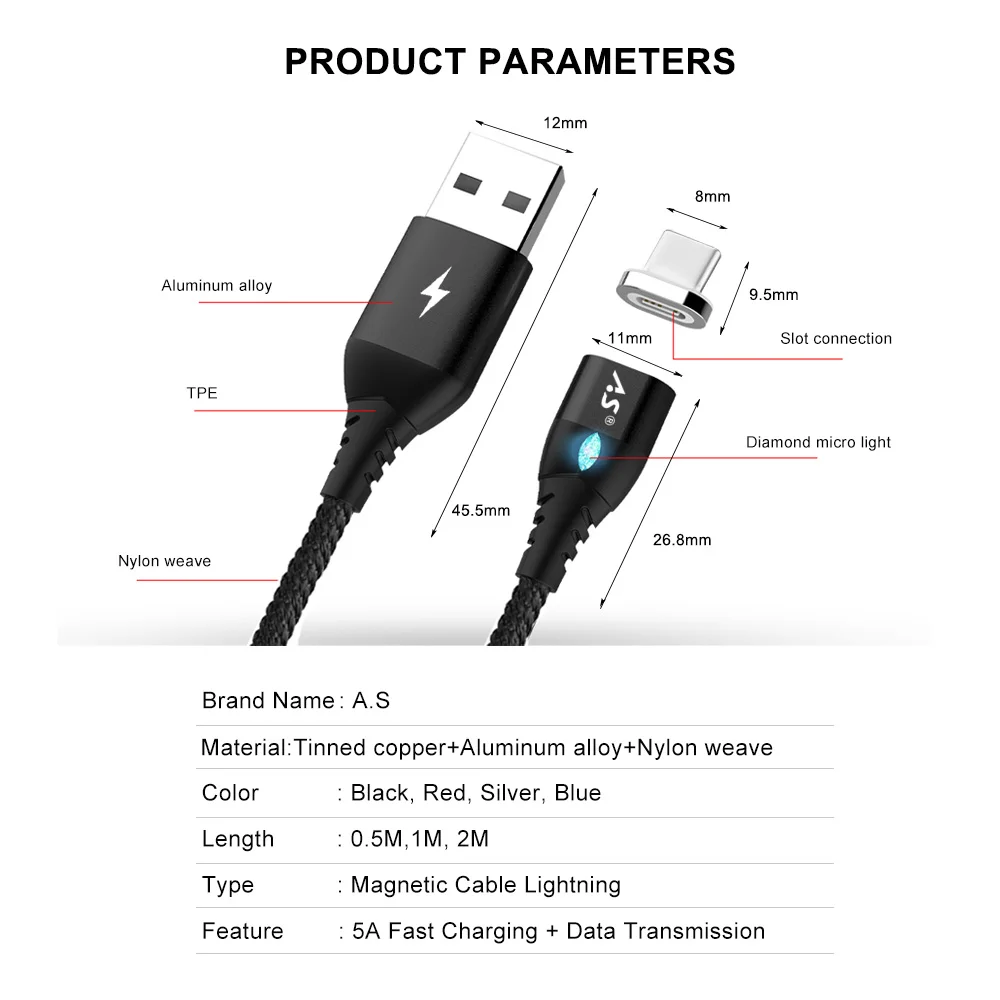 Магнитный плетеный кабель A.S usb type C для Xiao mi 8 mi 8 SE mi 5 mi 6 3A type C кабель зарядного устройства для huawei samsung S8 S9 Кабо 1 м/2 м