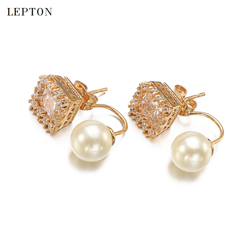 

Lepton Square Clear Zircon Earrings Ear Gold & silvery Color Globular Pearl Earings Earring Stud Earrings For Women Jewelry